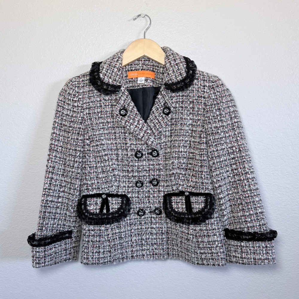 Cynthia Steffe Cropped Tweed Blazer Jacket Black Lace Trim Women S Office
